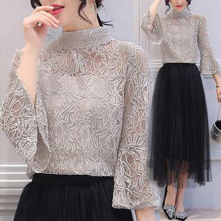 Set: 3/4-sleeve Lace Top + Mesh Maxi Skirt