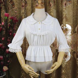 Elbow-sleeve Lace Trim Peplum Blouse