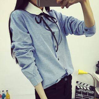Tie-collar Linen Blend Pinstripe Blouse