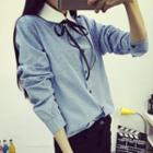 Tie-collar Linen Blend Pinstripe Blouse