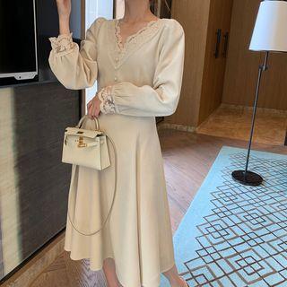 Lace Trim V-neck Long-sleeve A-line Midi Velvet Dress