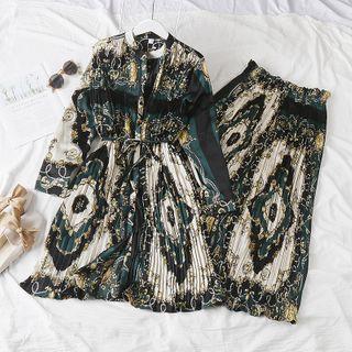 Long-sleeve Print Midi A-line Dress / Wide-leg Pants