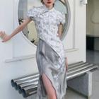 Short-sleeve Floral Asymmetrical Blouse / Side-slit Pencil Skirt