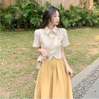 Short-sleeve Frog-button Cropped Blouse / Midi A-line Skirt