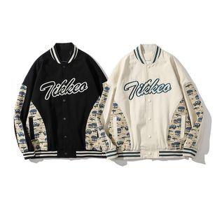 Print Panel Lettering Embroidered Baseball Jacket