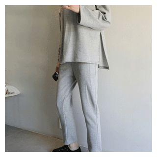 Set: Drop-shoulder Slit-hem Top + Sweat Pants
