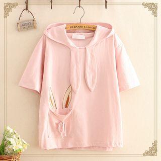 Short-sleeve Hooded Rabbit Ear Embroidered T-shirt