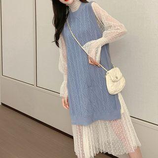 Set: Long-sleeve Mesh Midi Dress + Knit Top
