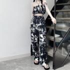 Set: Tie-dye Print Cropped Tube Top + Wide-leg Pants
