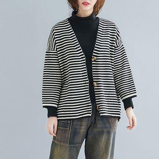 Striped Cropped Sleeve Knit Jacket Black & White - L