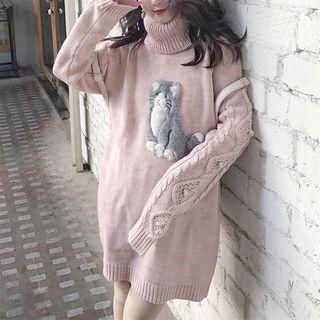 Cat Applique Turtleneck Long Sweater