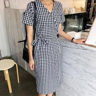 Wrap-front Gingham Midi Dress With Sash