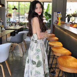 Leaf Print Wide-strap Buttoned Sundress As Shown In Figure - One Size