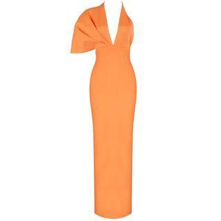 One-shoulder V-neck Maxi Sheath Dress