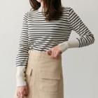 Button-sleeve Striped Knit Top