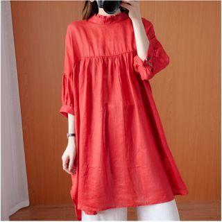 Elbow-sleeve Linen Long Top Red - One Size