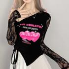 Long-sleeve One-shoulder Heart Print T-shirt