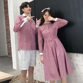 Couple Matching Plaid Long-sleeve Shirt / Midi Dress