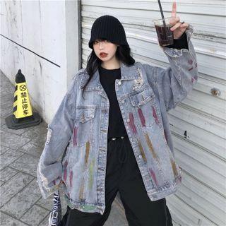 Distressed Print Button-up Denim Jacket Light Blue - One Size