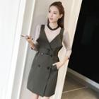 Set: 3/4-sleeve Knit Top + Double-breasted Pinafore Dress