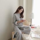 Set: Round-neck Fleece-lined Top + Band-waist Wide-leg Pants