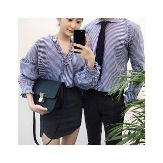 Couple Matching V-neck Striped Blouse / Striped Shirt