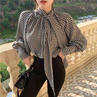 Lace-up Houndstooth Puff-sleeve Shirt