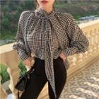 Lace-up Houndstooth Puff-sleeve Shirt