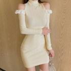 Cold-shoulder Ruffled Ribbed Knit Dress Almond - One Size