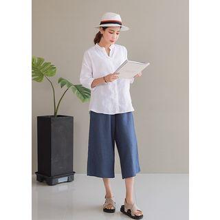 Mandarin-collar 3/4-sleeve Pocket-front Linen Shirt