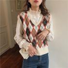 Long-sleeve Frill Trim Plain Top / Pattern Printed Knit Vest