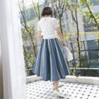 Lace-taping Denim Long Flare Skirt Blue - One Size