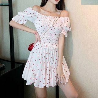 Set: Short-sleeve Heart Print Top + A-line Skirt