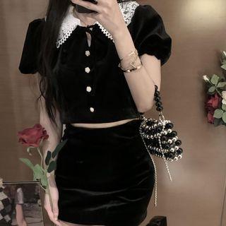 Set: Puff-sleeve Velvet Blouse + Mini Pencil Skirt