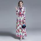 Long-sleeve Floral Pleated A-line Maxi Dress