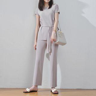 Set: Short-sleeve Cutout-back Top + Pants