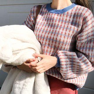 Loose-fit Multicolor Check Sweater Dark Sky Blue - One Size