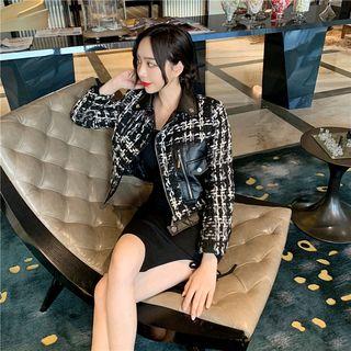 Faux Leather Panel Tweed Crop Zip Jacket