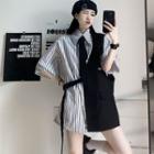Short-sleeve Striped Shirt / Asymmetrical Vest / Plain Tie / Set