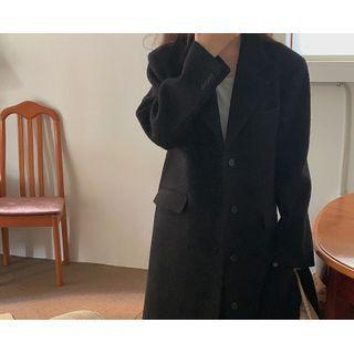 Notch-lapel Woolen Long Coat (black) One Size