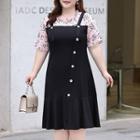 Plus-size Short-sleeve Mock Two-piece Floral A-line Dress
