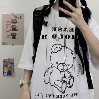 Lettering Cartoon Bear Short-sleeve Round Neck T-shirt