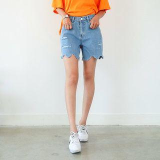 Scallop-edge Distressed Denim Shorts