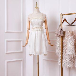 Cap-sleeve Mesh Paneled Frill Trim A-line Dress