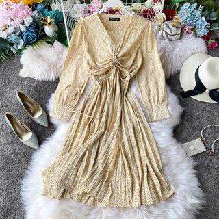 Long-sleeve Shirred Floral Print Midi A-line Dress