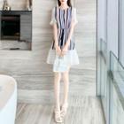 Lace Panel Short-sleeve Striped Mini A-line Dress