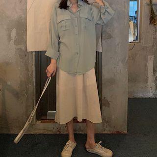Plain Long-sleeve Shirt / Knit Midi Skirt