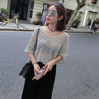 Elbow-sleeve Striped V-neck T-shirt