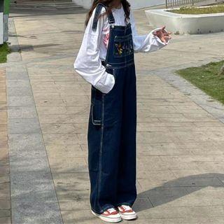 Embroidered Wide Leg Denim Dungarees