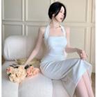 Sleeveless Square-neck Plain Slim-fit Midi Halter Dress